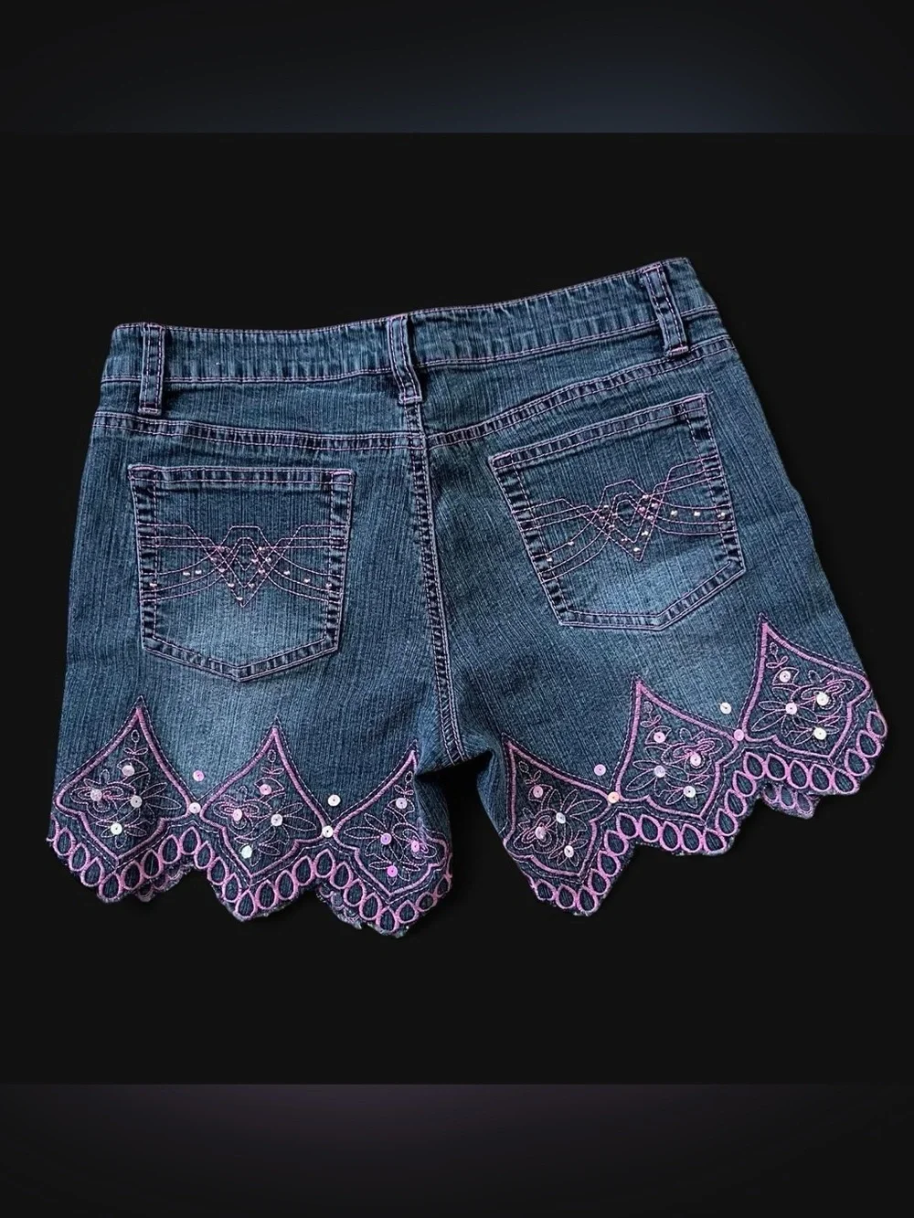 y2k fairy core denim shorts embroidered scallop hem and sequin details